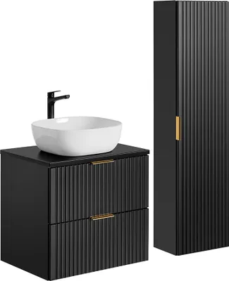 Produktbild von Waschtisch und Hängesäule 60.6cm Adriel mit 2 Schubladen, Mattschwarz