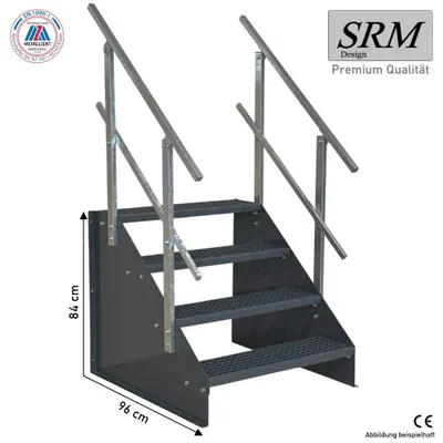 Immagine prodotto di scala a 4 gradini modello 1 scala in acciaio larghezza 110 cm altezza 84 cm completamente antracite con ringhiera su entrambi i lati