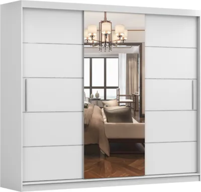 Produktbild von Kleiderschrank mit Spiegel Schwebetürenschrank mit 3-türig,  Wohnzimmerschrank,  3-türig Schrank mit vielen Einlegeböden und Kleiderstange Gaderobe Schiebtüren Schlafzimmer - 250x218x61 cm - ELBA I Weiß