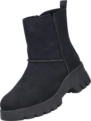 Auf dem Bild ist ein schwarzer Stiefel zu sehen der von der Seite betrachtet wird. Der Stiefel hat eine glatte Oberfläche und zeigt eine hohe Schaftform.