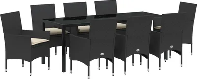 Produktbild von Möbel 9-teiliges Garten Essgruppe mit Kissen aus schwarzem Poly-Rattan, Gartentisch schwarz 200x80x73 cm mit Sicherheitsglas - Gartenstühle 3379771