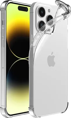 A transparent phone case is shown on a white background, with an iPhone 14 Pro partially visible inside the case.