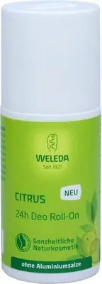 A roll-on deodorant product with green and white packaging.