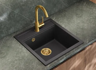 Produktbild von Helika® Granitspüle TESSA 49 x 51 cm in Schwarz, inkl. Goldventil und Siphon, Einbau