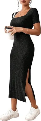 Obrázok produktu pre GORGLITTER Elegantné midi šaty s krátkymi rukávmi a rozparkom, čierne, veľkosť S