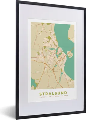 Produktbild von MuchoWow® Gerahmtes Poster Karte - Stralsund - Vintage - Karte 40x60 cm - Poster mit Schwarzem Bilderrahmen Wandposter Rahmen Foto Bilder - Poster in Rahmen
