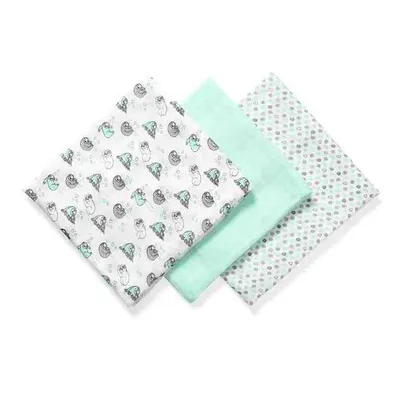 Three baby muslin cloths are arranged diagonally on a white background. The cloths have different patterns: one with cartoon sloths, one solid mint green, and one with small gray dots.