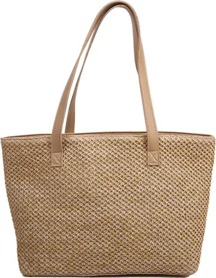 Produktbild von Strohtasche für Damen, Sommer-Strandtasche, weich gewebte Tragetasche, große Rattan-Umhängetasche, Stroh, handgewebte Handtaschen, Unterarmtasche(Khaki)