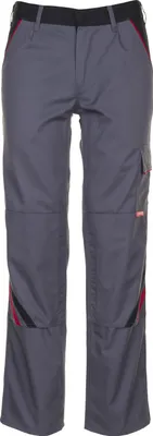 A pair of gray work pants with black and red accents, shown front-on against a white background.