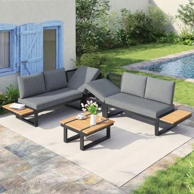 Image de Mobilier de jardin, transformable en 2 chaises longues, disposition en angle, avec fonction d'inclinaison réglable (5 positions, jusqu'à 55°), tube d'acier galvanisé, table en bois synthétique, avec buffet, avec bacs de rangement, gris