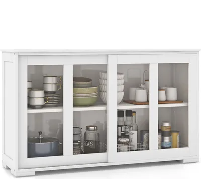 Produktbild von KOMFOTTEU Szafka boczna, komoda kuchenna ze szklanymi przesuwanymi drzwiami, drewniana szafka kuchenna z regulowaną półką, szafka bufetowa 107x33x64 cm do przedpokoju jadalni (czysta biel)