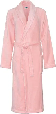 Produktbild von Unyqoos® Fleece-Bademantel für Damen – Schalkragen, 100% Fleece, ultrazart, altrosa, Gr. S/M, mit aufgesetzten Taschen & Bindegürtel