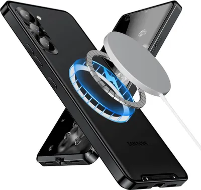 Immagine prodotto di Custodia in metallo per Samsung Galaxy S23 traslucida opaca con bobina magnetica e protezione della fotocamera nera