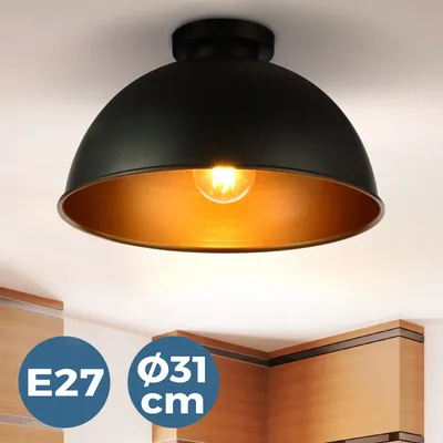 Produktbild von Jago® Deckenleuchte mit Lampenschirm - LED, E27, 60W, IP20, Rund, Ø 31 cm Metall, Schwarz, Gold - Deckenlampe im Retro Vintage Design