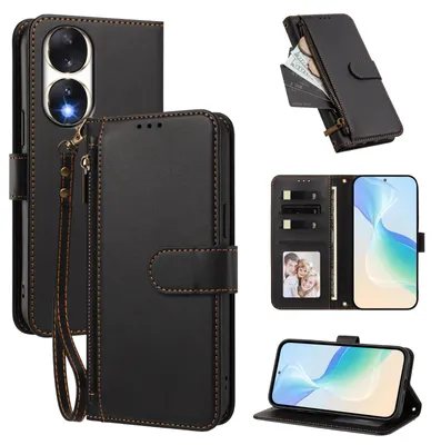 Produktbild von Geldbörse Hülle für Honor 90, Kunstleder Handyhülle mit Kartenfächer, Ständer, Handschlaufe Schwarz