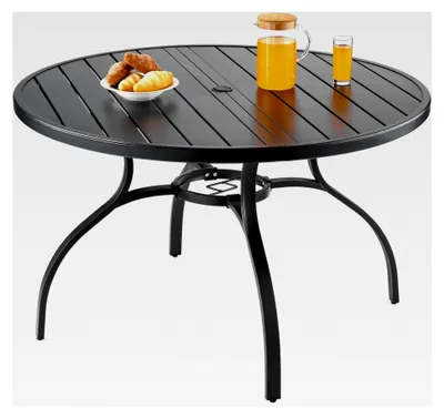 Produktbild von Terrassentisch Gartentisch Balkontisch (1200 x 725 mm) aus Kohlenstoffstahl, runder Esstisch für den Außenbereich, wasserfest, mit 38 mm Schirmloch, 68 kg Tragkraft, Schwarz