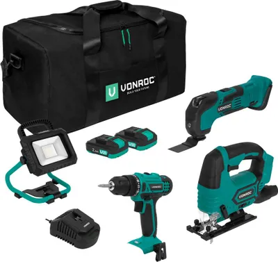 Produktbild von Vonroc Werkzeugsatz/Maschinen-set 20V – Werkzeugtasche inkl.: Akkubohrer, Stichsäge, Multiwerkzeug, Arbeitsleuchte 2x 2.0Ah Akku und Schnellladegerät