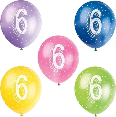 Produktbild von Unique 5 Luftballons zum 6. Geburtstag, 30 cm, für Heliumfüllungen geeignet