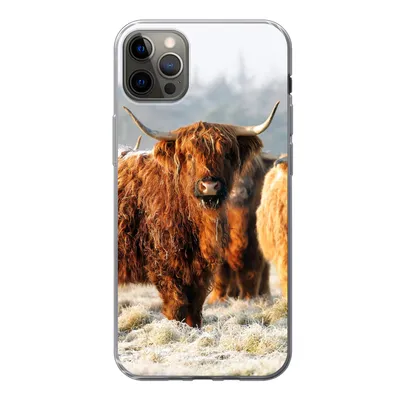 Produktbild von MuchoWow® Handyhülle Schutzhülle Hülle für iPhone 13 Pro Max Schottische Highlander - Schnee - Wald Silikon Softcase Handy Hülle - Mobiltelefon