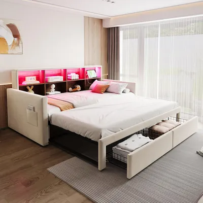 Produktbild von Ausziehbares Polsterbett 90/180 x 190 cm mit Kopfteil-Stauraum, LED-Lichtleiste, Steckdose, USB und Typ-C, 2 Schubladen, Lattenrost, Schlafsofa, Beige, Samt