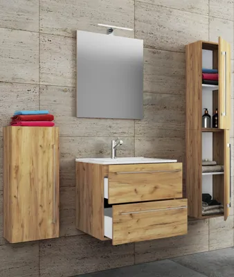 Produktbild von VCM 5-tlg. Set | 1 Waschtisch mit zwei Schubladen, 1 Spiegel, 1 Waschbecken, 1 Midischrank, 1 Hochschrank | Keramik Waschbecken | hängend Unterschrank 60 cm | Badmöbel Set Waschplatz – Badinos