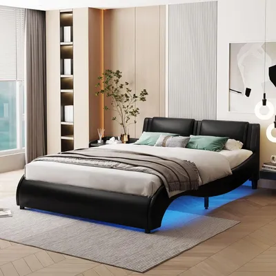 Produktbild von Fortuna Lai Polsterbett 140 x 200 cm mit LED Beleuchtung, Lattenrost, Kopfteil & Kunstleder - Bett Jugendbett Bettgestell Doppelbett - Schwarz