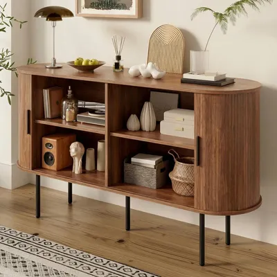 Produktbild von Sideboard mit Rolljalousie-Türen, Aluminiumgriffen & Eisenbeinen Aufbewahrungsschrank Wohnzimmerschrank für Wohnzimmer 140 L x 40 B x 78 H Nussbaum
