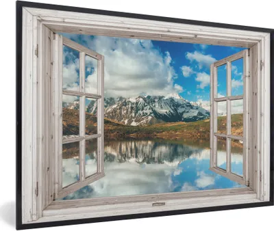 Produktbild von MuchoWow® Gerahmtes Poster Aussicht - Berg - Wasser 60x40 cm - Poster mit Schwarzem Bilderrahmen Wandposter Rahmen Foto Bilder - Printing - Wanddeko Schlafzimmer