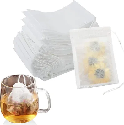 Produktbild von 200 Stück - Leere Teebeutel - 7 x 9 cm - Für losen Tee - Einwegbeutel mit Kordelzug - Biologisch abbaubar und recycelbar - Weiß