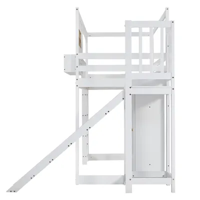 Produktbild von Etagenbett 90x200 cm mit Rutsche, Fallschutzgitter und Kleiderschrank – Robustes Hochbett aus Kiefer, Inklusive Stauraum und 4-stufiger Leiter, Weiß