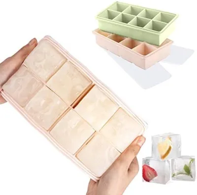 Produktbild von PolkaHome® Silikon-Eiswürfelform, 2er-Set XXL Eiswürfelbehälter mit Deckel, BPA-frei, für 16 große Eiswürfel (5 cm) - Rosa