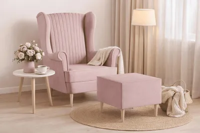 Produktbild von Ohrensessel, Sessel aus Samstoff, Stuhl, Sitzmöbel, Polstersessel, Relaxsessel - Sessel Comfy mit Hocker - Rosa (Manila 09)
