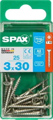 Produktbild von SPAX Edelstahlschraube, 3 x 30 mm, 25 Stück, Vollgewinde, Senkkopf, T-STAR plus T10, S-Spitze, Edelstahl rostfrei A2 - 4197000300301
