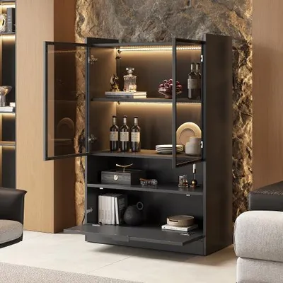 Produktbild von AIORBER LED Vitrine Schwarz Matt 120cm mit App-Steuerung, Glastüren & Klapptür, Moderne Glasvitrine mit Beleuchtung
