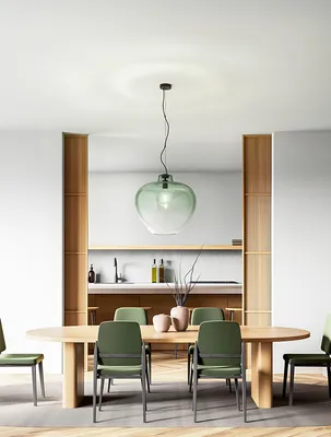 Immagine prodotto di Sospensione in vetro soffiato 10S46667 VE, design moderno con finitura verde specchiato sfumato e struttura in metallo nero opaco, E27 - Perenz