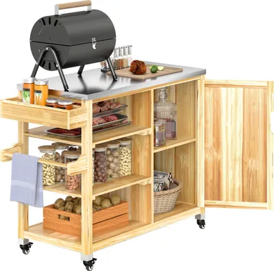 Produktbild von Outsunny Grillwagen 6-Etagen Servierwagen mit Arbeitsfläche Handtuchregal, BBQ Grilltisch aus Holz, Grill Beistelltisch, Outdoor Trolley, Holzkohlegrill für Garten, Terrasse 134,5x50x91,5cm Naturholz