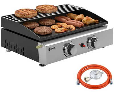 Produktbild von Outsunny Gasgrill 5 KW Tischgrill mit 2 Brenner Grillrost Warmhalterost