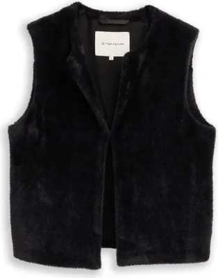 A black faux fur vest laid flat.