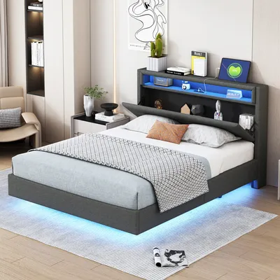 Produktbild von MODFU Polsterbett Funktionelles 140 x 200 cm mit USB-Ladeanschluss und Kopfteil mit Stauraum, Doppelbett Stauraumbett mit LED-Beleuchtung Leinenstoff Grau(Ohne Matratze)