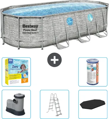 Produktbild von Bestway Oval Power Steel Swim Vista Swimmingpool – Steindruck – 549 x 274 x 122 – inklusive Pumpe – Leiter – Abdeckung Wartungspaket - Filter