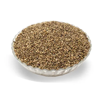 A clear, well-lit studio shot of a bowl filled with hemp seeds.
