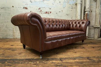 Immagine prodotto di Divano Chesterfield  divano imbottito, set da salotto a 3 posti, color marrone, in pelle
