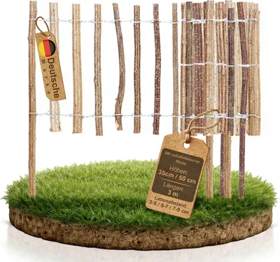 Produktbild von Staketenzaun mit Rinde · 50 x 300 cm Lattenabstand 7-9 cm · Roll-Steckzaun Haselnuss Beetumrandung · Beeteinfassung Rollzaun Rollsteckzaun