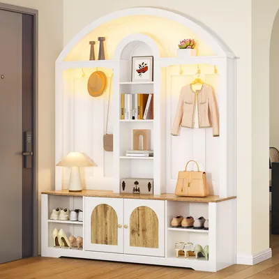 Image de Merax Armoire à chaussures avec étagère à chaussures, ensemble de meubles d'entrée avec étagères et crochets, armoire multifonctionnelle pour l'entrée,Blanc