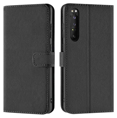 A black flip case for a Sony Xperia 5 III phone is shown from the front and back.