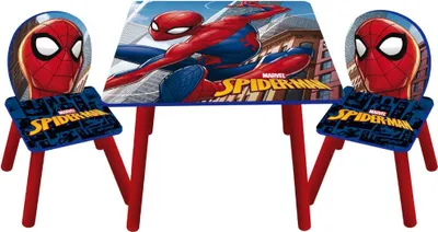 A Spiderman themed table and two chairs set for children.