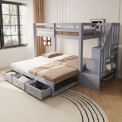 Obrázok produktu pre Poschodová posteľ 90 x 200 cm s výsuvným lôžkom 90/180 x 190 cm, 3 zásuvkami, rebríkom s úložnými priehradkami, roštom, nosnosť 120 kg na lôžko, biela/sivá