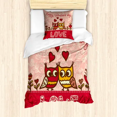 Produktbild von ABAKUHAUS Valentinstag Mantele, Eulen-Liebe-Herz, Milbensicher Allergiker geeignet mit Kissenbezügen, 135 cm x 200 cm - 80 x 80 cm, Rosa, Rot, Gelb