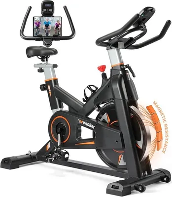 Image de [Modèle mis à jour en 2026] Vélo d'appartement, résistance magnétique, vélo stationnaire pour la maison, vélo d'intérieur très silencieux, avec un volant d'inertie lourd et un écran LCD amélioré. Jaune | Orange. Capacité de charge : 160 kg. Niveau sonore : inférieur à 15 dB. Temps d'assemblage : environ 25 minutes. Adapté aux personnes mesurant entre 143 et 192 cm. Résistance magnétique. Réglage de la selle : 16 cm