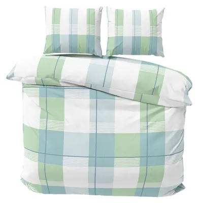 Produktbild von Biber Bettwäsche 200x220 cm Feinbiber Baumwolle Bettbezug Grün Blau Weiß Streifen 3 teilig